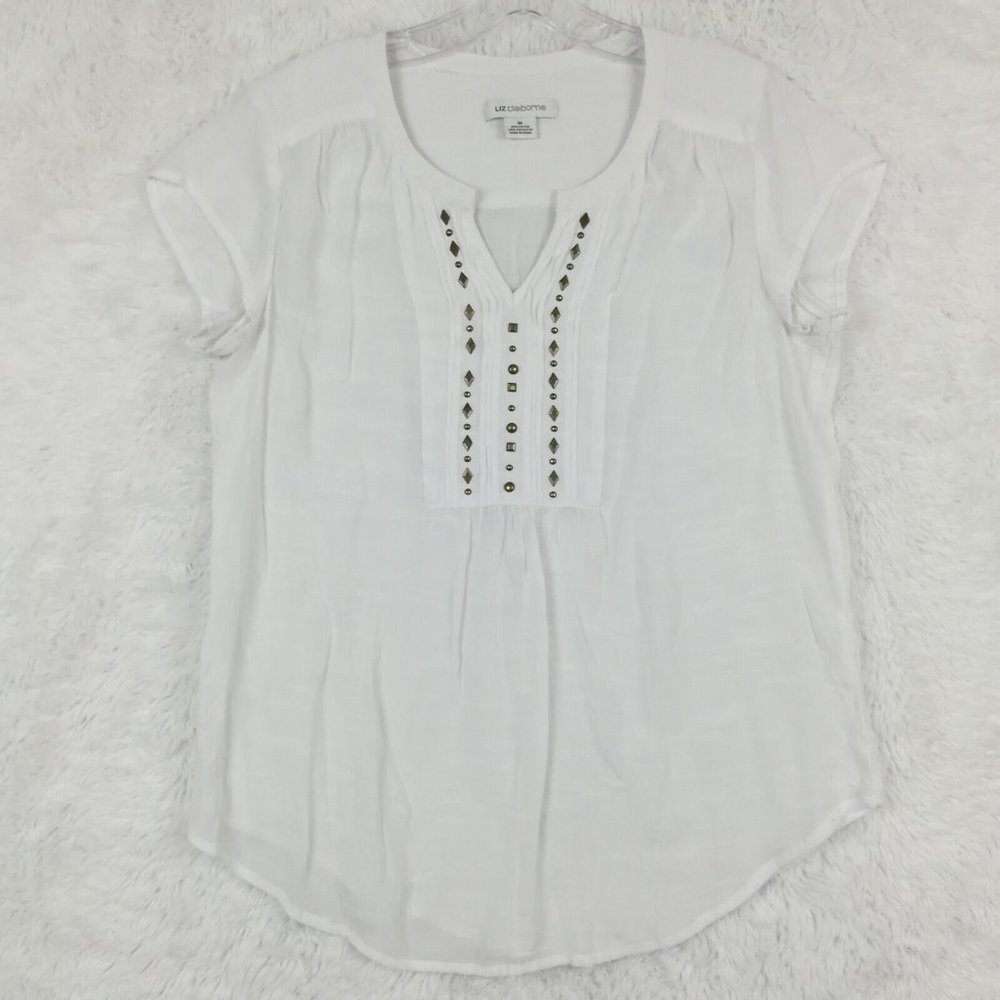 Liz Claiborne Womens‎ Top White Short Sleeve Sheer V Neck Studded M